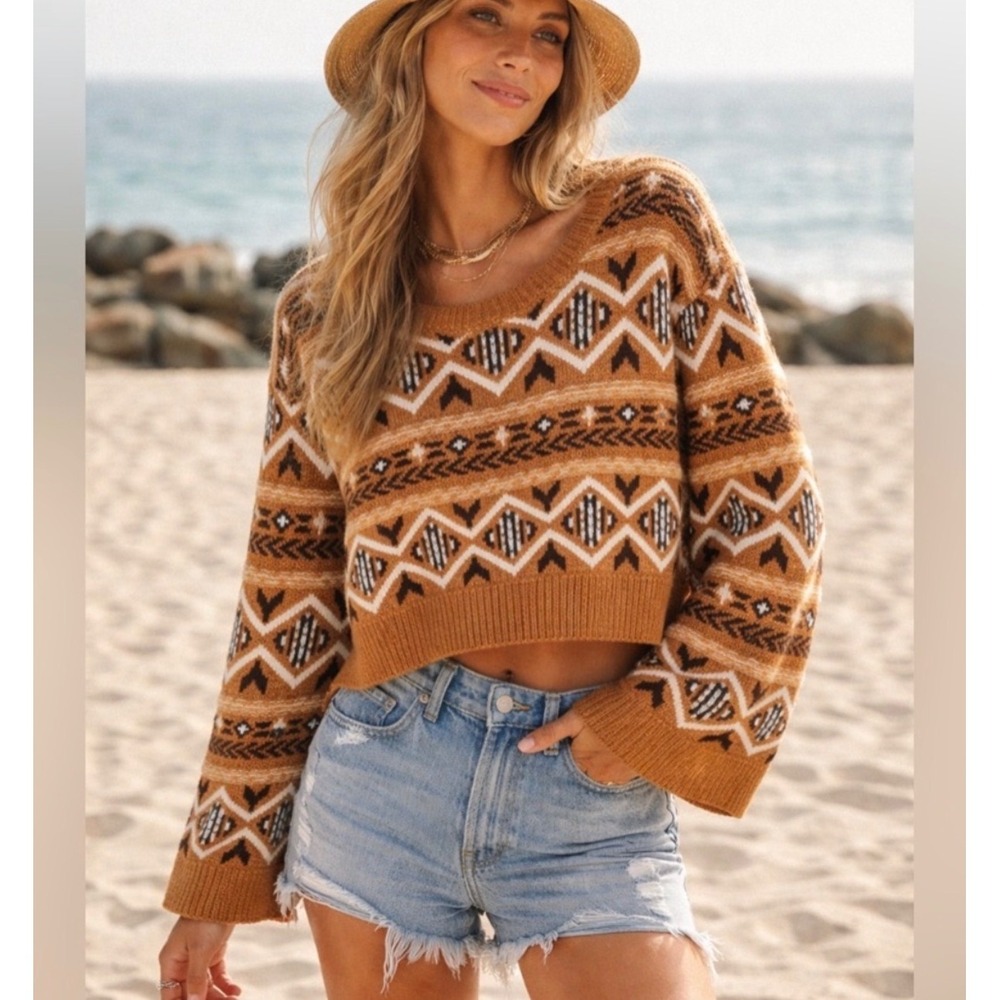Sam Edelman Benton Fair isle Scoop Back  cropped‎ bell sleeve seater women's XL